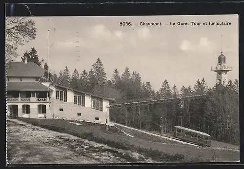 AK Chaumont, La Gare, Tour et funiculaire - Bergbahn erreicht die Station