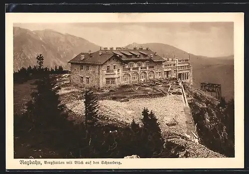 AK Rax, Bahnhof der Raxbahn mit Blick auf den Schneeberg