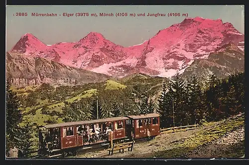 AK Mürrenbahn mit Blick zu Eiger, Mönch u. Jungfrau, schweizer Eisenbahn