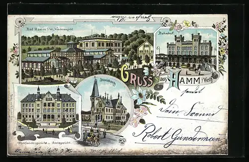 Lithographie Hamm i. Westf., Hotel Bad Hamm, Ständehaus, Bahnhof