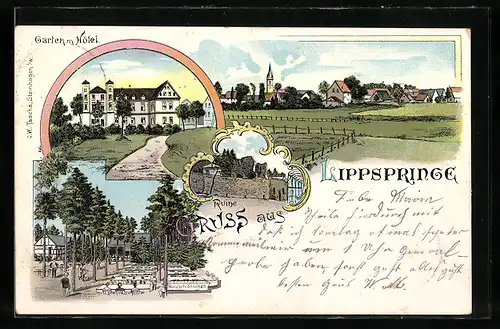 Lithographie Lippspringe, Garten mit Hotel Waldschlösschen, Ortspartie