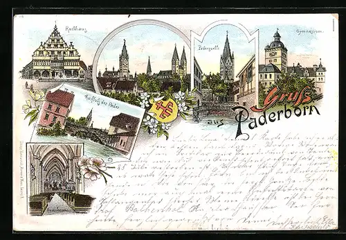 Lithographie Paderborn, Rathaus, Dominneres, Ausfluss der Pader
