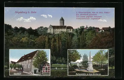 AK Haynsburg, Gasthof Adolf Reichardt, Ruhestätte der Fam. Reichardt, Ortsansicht