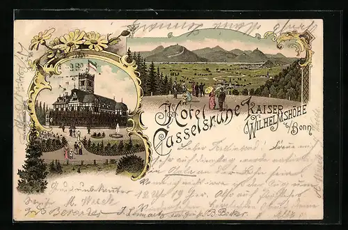 Lithographie Bonn, Hotel Casselsruhe, Aussicht von der Kaiser Wilhelmshöhe