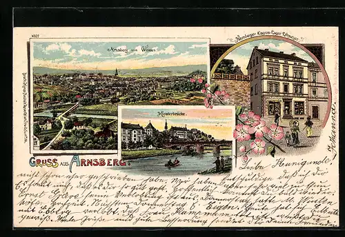 Lithographie Arnsberg / Westf., Hamburger Engros-Lager Lohmeyer, Klosterbrücke, Ansicht von Westen
