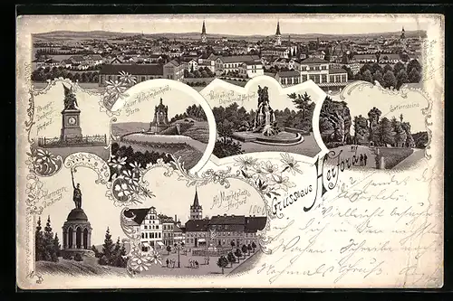 Lithographie Herford, Kaiser Wilhelmdenkmal, Wittekinddenkmal, Marktplatz, Externsteine, Totalansicht