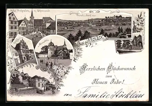Lithographie Kronach, Rathaus, Marienplatz, Pförtchen, Neujahrsgruss