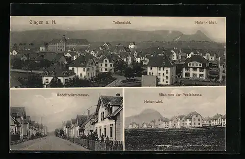 AK Singen a. H., Teilansicht mit Hohenkrähen, Blick von der Poststrasse mit Hohentwiel, Radolfzellerstrasse