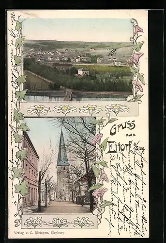 AK Eitorf a. Sieg, Strassenpartie mit Kirche, Panorama