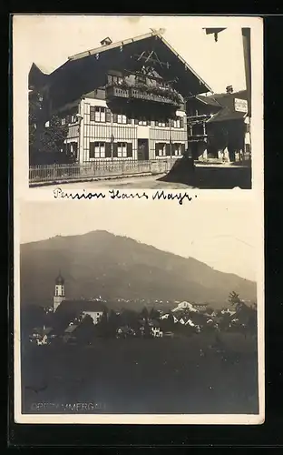 Foto-AK Oberammergau, Hotel-Pension Hans Mayr, Ortspartie mit Kirche