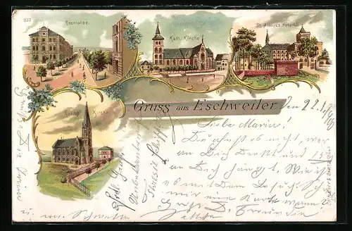 Lithographie Eschweiler, Kahtolische Kirche, St. Antonius-Hospital, Rosenallee