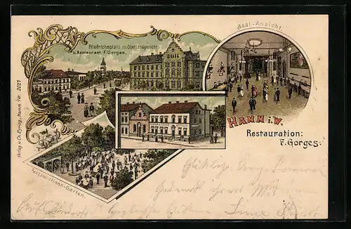 Lithographie Hamm i. W., Friedrichsplatz mit Oberlandgericht und Restaurant F. Gorges, Saal-Ansicht, Garten