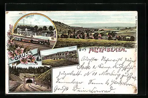Lithographie Altenbeken, Ortsansicht mit Viadukt, Bahnhof, Tunnel-Portal