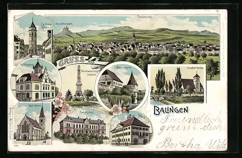 Lithographie Balingen, Sanatorium, Königliches Postamt, Kath. Kirche