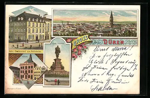 Lithographie Düren, Hotel-Restaurant zum Ratskeller, Rathaus, Kaiser-Denkmal