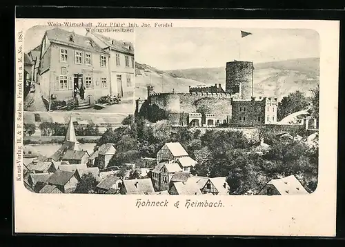 AK Heimbach / Eifel, Gasthaus Zur Pfalz v. Jac. Fendel, Teilansicht mit Burg Hohneck