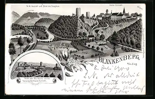 Lithographie Blankenberg a. d. Sieg, Hotel Honrath, Blick auf die Ruine von der Veranda des Hotel Honrath