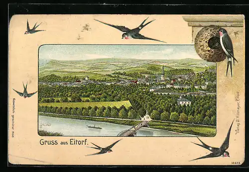 Künstler-AK Eitorf, Teilansicht mit Brücke, Schwalben