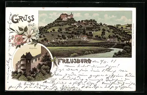 Lithographie Freusburg, Teilansicht, Schloss