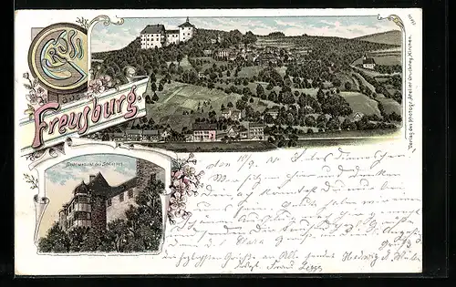 Lithographie Freusburg, Totalansicht mit Schloss, Seitenansicht des Schlosses