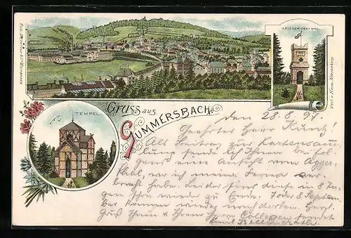 Lithographie Gummersbach, Krieger-Denkmal, Tempel