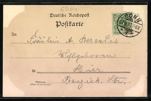 Lithographie Bonn, Hotel Restaurant Rheingold, Bethoven-Denkmal