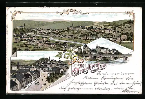 Lithographie Arnsberg i. W., Teilansicht, Brücke, Strassenpartie