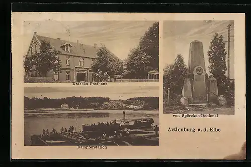 AK Artlenburg a. d. Elbe, Draacks Gasthaus, Dampferstation, von Spörcken-Denkmal