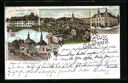 Lithographie Gräfrath, Markt mit Kirche, Erziehungs-Anstalt, Post