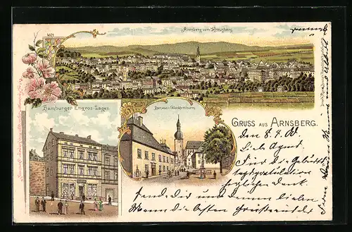 Lithographie Arnsberg / Westf., Hamburger Engros-Lage, Rathaus u. Glockenturm, Ortsansicht