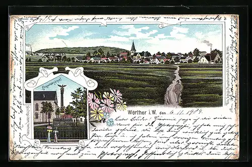 Lithographie Werther i. W., Ortsansicht mit Kirche, Kriegerdenkmal