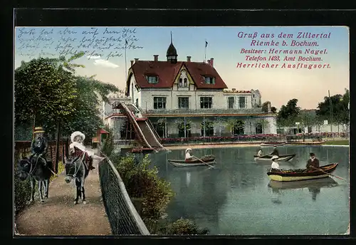 AK Riemke b. Bochum, Gasthaus Zillertal von Hermann Nagel, Gondelteich mit Bootsrutsche und Eselreiten