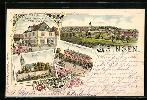 Lithographie Usingen, Gasthaus von Wilhelm Jacobi, Königl. Lehrerseminar, Kirche