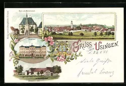 Lithographie Usingen, Real- und Mädchenschule, Seminar, Stockheimer Hof