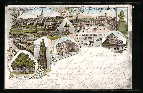Lithographie Annaberg / Erzg., Festpostkarte zum 400jährigen Stadtjubiläum 1896