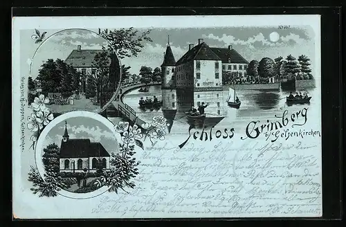 Mondschein-Lithographie Gelsenkirchen, Schloss Grimberg, Ansicht der Kirche