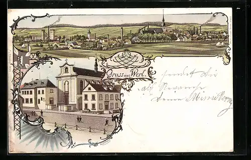 Lithographie Werl, Franziskanerkloster, Totalansicht