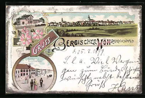 Lithographie Radevormwald, Kaiserstrasse mit Rathaus, Bahnhof, Panorama