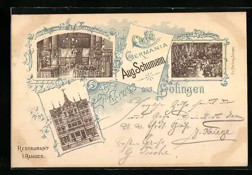 Lithographie Solingen, Cafe Germania v. Aug. Schumann, Aussen- und Innenansicht