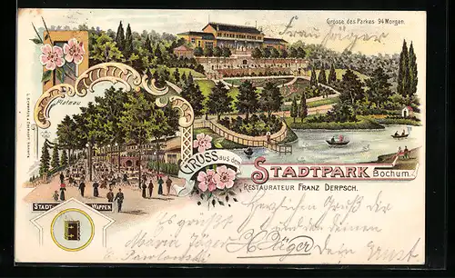 Lithographie Bochum, Restaurant zum Stadtpark von Franz Derpsch, Stadtwappen