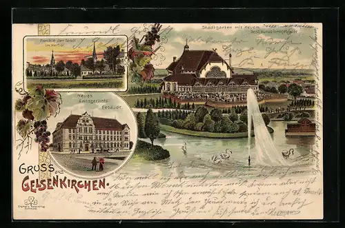 Lithographie Gelsenkirchen, Restaurant Stadtgarten, Neues Amtsgerichtsgebäude