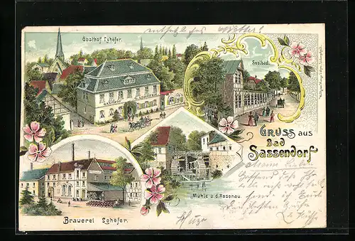 Lithographie Bad Sassendorf, Gasthof und Brauerei Lohöfer, Soolbad, Mühle