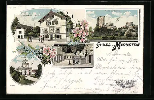Lithographie Mariastein, Hotel de la Poste, Ruine Landskron, Unterirdische Gnadenkapelle
