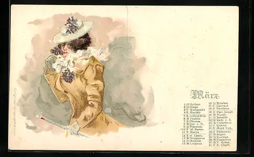 Künstler-AK Dame mit Hut, Monat März