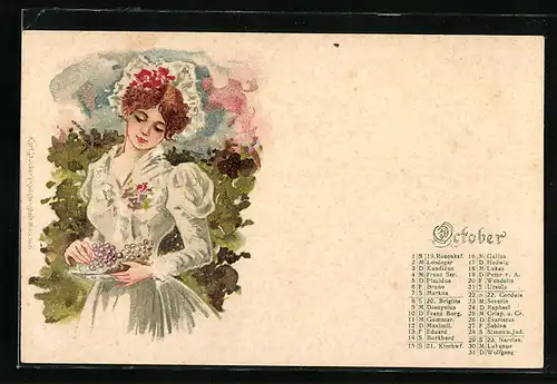 Künstler-AK Dame im Kleid mit Beeren, Monat Oktober