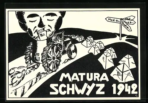 Künstler-AK Schwyz, Matura Absolvia 1942, Student mit Philosophiebuch im Auto auf dem Weg in seine Zukunft