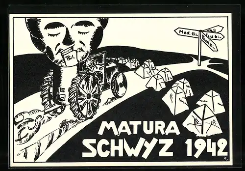 AK Schwyz, Absolvia Matura 1942, Student der Philosophie in seinem Auto mit Buch und grossem Kopf