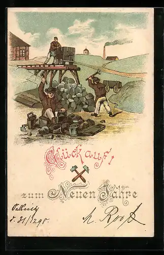 Lithographie Bergarbeiter beim Kohleklopfen, Glückwünsche zum neuen Jahr