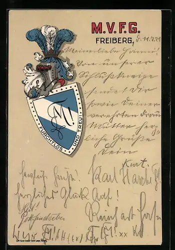 AK Freiberg / Sachsen, MVFG Studentenwappen in blau und weiss