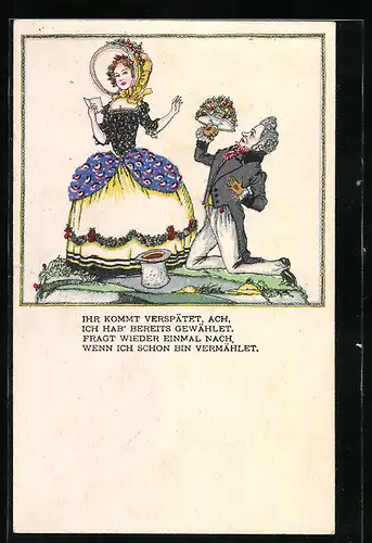 Künstler-AK Brüder Kohn (B.K.W.I) Nr. 397-1: Eleganter Herr kniet mit Blumen vor der Dame seines Herzens